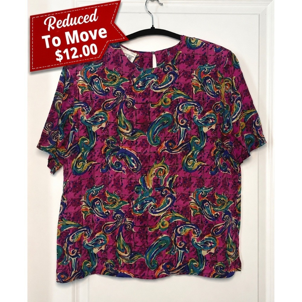 Christie & Jill Women's Silk Medium Blouse Top Multicolor Abstract Print